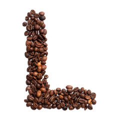 Letter L of the English alphabet of freshly roasted cocoa beans on a white isolated background. coffee pattern made from coffee beans.