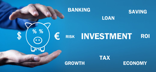 Man protect currency symbols with a piggy bank. Investment