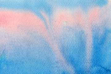 Bright with colorful watercolor stroke and spray on paper , Abstract background and texture by hand drawn blue with purple and pink color liquid drip, Pastel clouds and sky