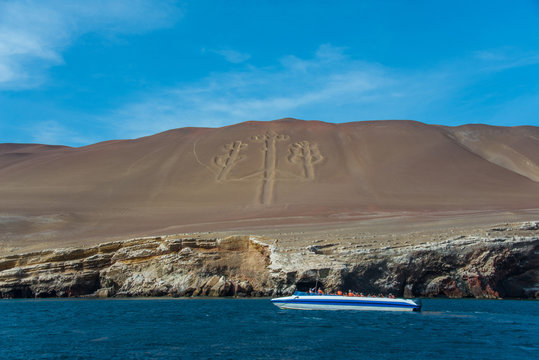 The Paracas Candelabra, also called the Candelabra of the Andes, on the Ballestas Islands (Peru)