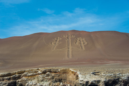 The Paracas Candelabra, also called the Candelabra of the Andes, on the Ballestas Islands (Peru)