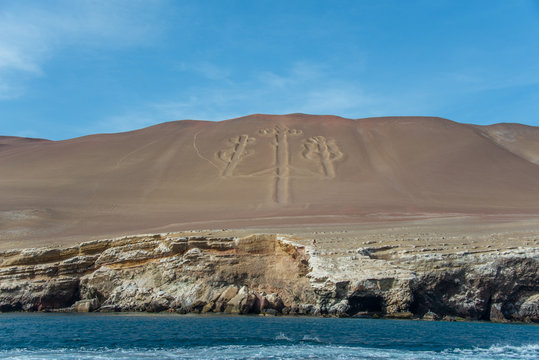 The Paracas Candelabra, also called the Candelabra of the Andes, on the Ballestas Islands (Peru)