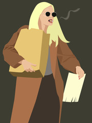 a girl with a cigarette in her mouth and a paper bag
