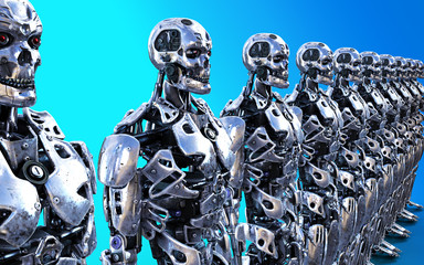 Obraz na płótnie Canvas 3d Illustration or Models of many Robotic Cyborg Servants with Clipping Path.