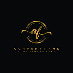 AF Initial handwriting logo design with golden brush circle. Logo for fashion,photography, wedding, beauty, business