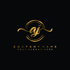 AJ Initial handwriting logo design with golden brush circle. Logo for fashion,photography, wedding, beauty, business