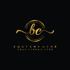 BC Initial handwriting logo design with golden brush circle. Logo for fashion,photography, wedding, beauty, business