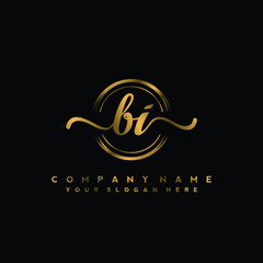 Fototapeta premium BI Initial handwriting logo design with golden brush circle. Logo for fashion,photography, wedding, beauty, business
