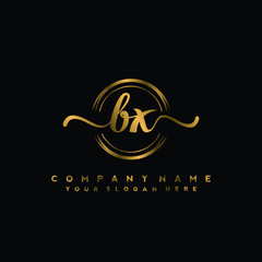 BX Initial handwriting logo design with golden brush circle. Logo for fashion,photography, wedding, beauty, business
