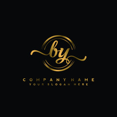 BY Initial handwriting logo design with golden brush circle. Logo for fashion,photography, wedding, beauty, business