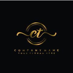 CT Initial handwriting logo design with golden brush circle. Logo for fashion,photography, wedding, beauty, business