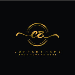 CZ Initial handwriting logo design with golden brush circle. Logo for fashion,photography, wedding, beauty, business