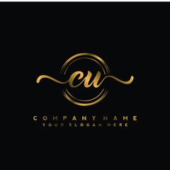 CU Initial handwriting logo design with golden brush circle. Logo for fashion,photography, wedding, beauty, business