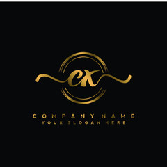 CX Initial handwriting logo design with golden brush circle. Logo for fashion,photography, wedding, beauty, business