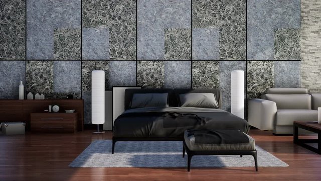interior of bedroom luxury style with marble wall and furniture, pan right shot, video ultra HD 4K 3840x2160, 3D animation