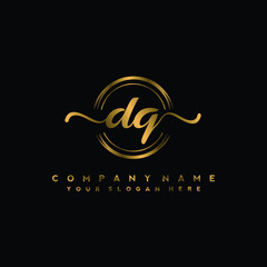 DQ Initial handwriting logo design with golden brush circle. Logo for fashion,photography, wedding, beauty, business