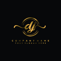 DJ Initial handwriting logo design with golden brush circle. Logo for fashion,photography, wedding, beauty, business