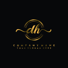 DH Initial handwriting logo design with golden brush circle. Logo for fashion,photography, wedding, beauty, business