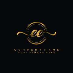 EE Initial handwriting logo design with golden brush circle. Logo for fashion,photography, wedding, beauty, business