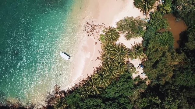 Aerial straight rising up drone shot over a beautiful beach, with boats anchored in the sea. Paradise island with palm trees and turquoise ocean. 