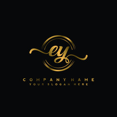 EY Initial handwriting logo design with golden brush circle. Logo for fashion,photography, wedding, beauty, business
