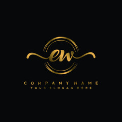 EW Initial handwriting logo design with golden brush circle. Logo for fashion,photography, wedding, beauty, business