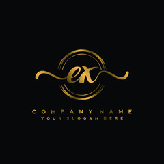 EX Initial handwriting logo design with golden brush circle. Logo for fashion,photography, wedding, beauty, business