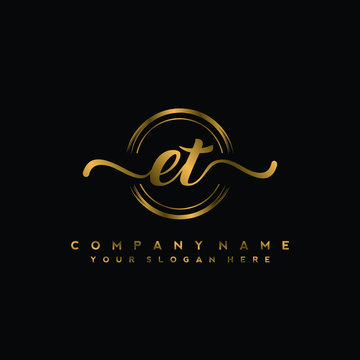 ET Initial handwriting logo design with golden brush circle. Logo for fashion,photography, wedding, beauty, business