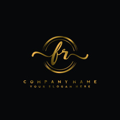 FR Initial handwriting logo design with golden brush circle. Logo for fashion,photography, wedding, beauty, business