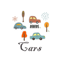 Cute Icon with Cars. Hand Drawn Scandinavian Style. Vector Illustration