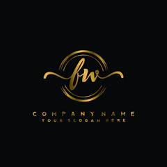 FW Initial handwriting logo design with golden brush circle. Logo for fashion,photography, wedding, beauty, business