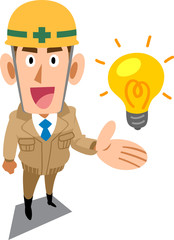 アイデア、解決策を提案するベージュの作業着を着た建築現場作業員