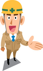 何かを紹介するベージュ色の作業着を着た建築現場作業員