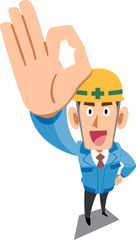 手でOKのサインを示す青い作業着を着た建築現場作業員　
