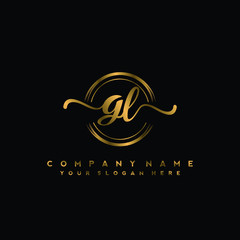 GL Initial handwriting logo design with golden brush circle. Logo for fashion,photography, wedding, beauty, business
