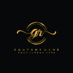 GR Initial handwriting logo design with golden brush circle. Logo for fashion,photography, wedding, beauty, business - obrazy, fototapety, plakaty