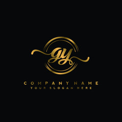 GY Initial handwriting logo design with golden brush circle. Logo for fashion,photography, wedding, beauty, business