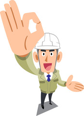 手でOKのサインを示し案内するヘルメットを着用した工務店の男性