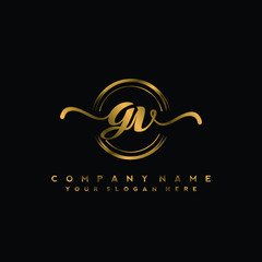 GV Initial handwriting logo design with golden brush circle. Logo for fashion,photography, wedding, beauty, business