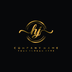 HJ Initial handwriting logo design with golden brush circle. Logo for fashion,photography, wedding, beauty, business