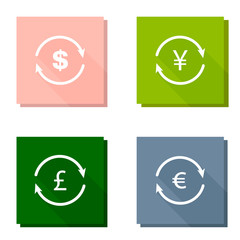 Vector set circle icon with arrow euro, yen, pound and dollar sign. Currency exchange symbol
