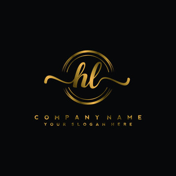HL Initial handwriting logo design with golden brush circle. Logo for fashion,photography, wedding, beauty, business