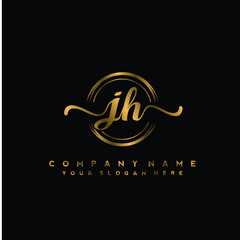 JH Initial handwriting logo design with golden brush circle. Logo for fashion,photography, wedding, beauty, business