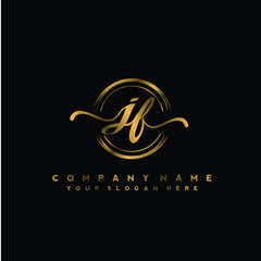 JF Initial handwriting logo design with golden brush circle. Logo for fashion,photography, wedding, beauty, business