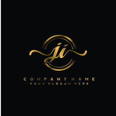 JI Initial handwriting logo design with golden brush circle. Logo for fashion,photography, wedding, beauty, business