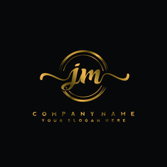 JM Initial handwriting logo design with golden brush circle. Logo for fashion,photography, wedding, beauty, business