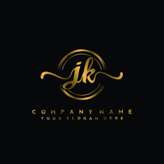 JK Initial handwriting logo design with golden brush circle. Logo for fashion,photography, wedding, beauty, business