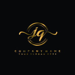 JQ Initial handwriting logo design with golden brush circle. Logo for fashion,photography, wedding, beauty, business