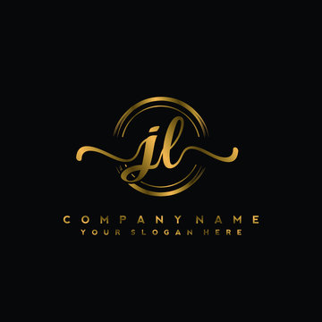 JL Initial handwriting logo design with golden brush circle. Logo for fashion,photography, wedding, beauty, business