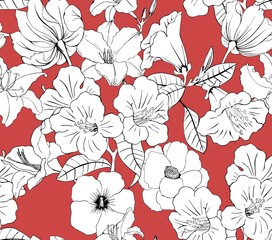 Black and white flowers on a red background. Pattern vector seamless for textiles.